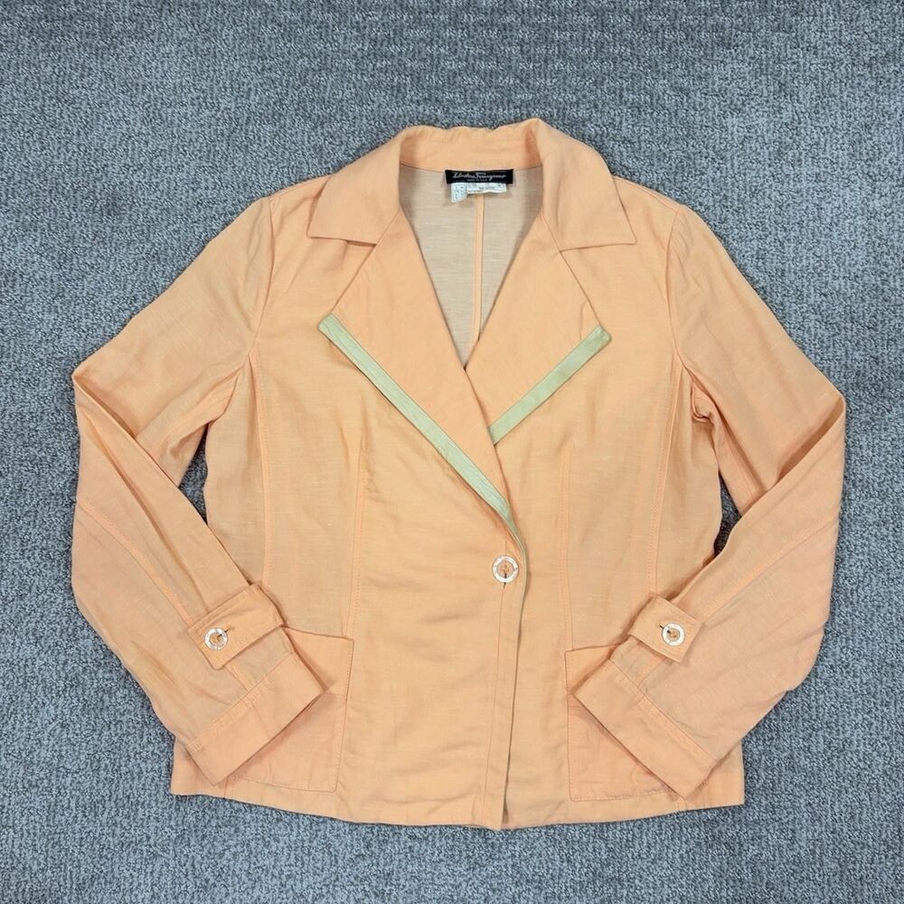 Vintage Salvatore Ferragamo Blazer Womens 12 Orange Wool Linen Leather Italy
